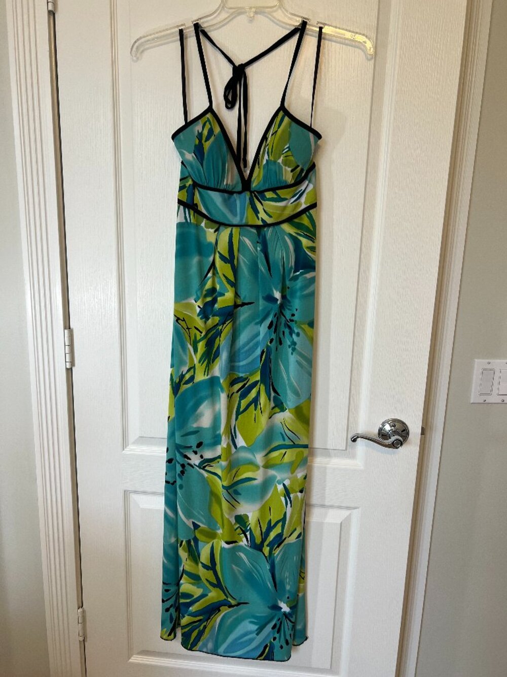 BCX Tropical Floral Halter Maxi Dress Green Teal Boho Beach Resort Vacation Med